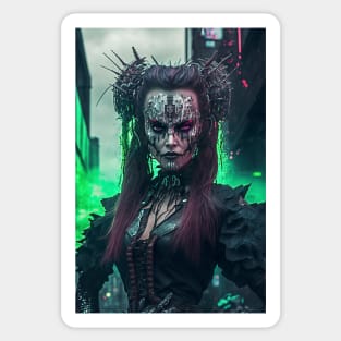 Day of the Dead Cyperpunk Beauty with Futuristic Cityscape - Ultra Realistic Sticker